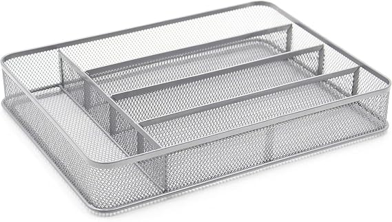 TQVAI Silverware Organizer - 5 Slots Non-Slip Mesh Kitchen Drawer Organizer - Metal Compact Utensil Cutlery Holder in Drawer Tray, Silver