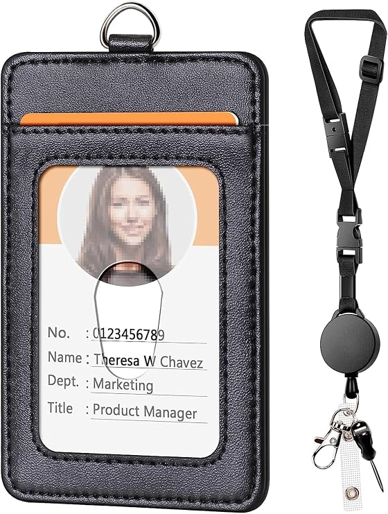 Leather Badge Holder and Adjustable Retractable Lanyards, Black | Quick Release Buckle and Safety Breakaway Lanyards with Swivel Metal Clasp for Offices, Staff, Students