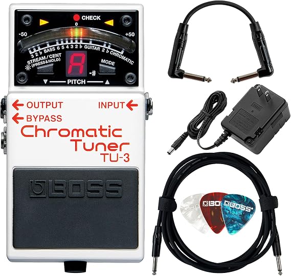 Boss TU-3 Chromatic Tuner Pedal Bundle with Gearlux Power Supply, Instrument Cable, Patch Cable, and Picks