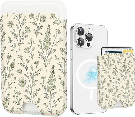 for Magsafe Wallet, Magnetic Wallet Card Holder for iPhone 17/16/16e/15/14/13/12 Pro/Max/Plus/Mini Case, Strong Magnet Phone Pocket Cute Design Credit Card Fit 3 Cards,Green Floral