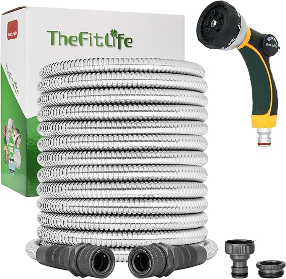 TheFitLife 30m Stainless Steel Garden Hose Pipe, Non-Kink Metal Water Hose | Nozzle Included, Commercial Grade, Reinforced Kink-Resistant, Durable Corrosion-Resistant Fittings, Ready for Frequent Use