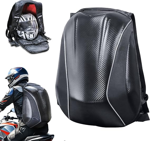 MZS Motorcycle Backpack, 48L Expandable Hard Shell Helmet Backpack for Men Women, Waterproof Motorbike Travel Back Pack Reflective Riding Storage Bag Accessories