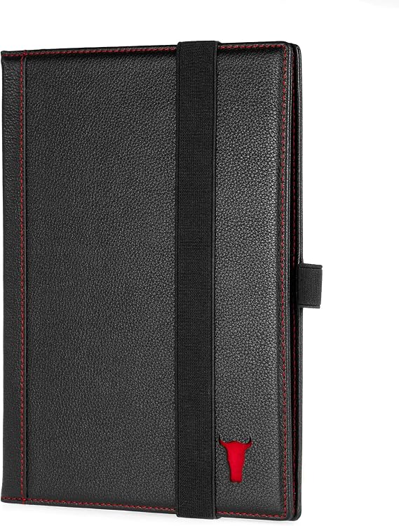 TORRO Genuine Leather Hardback Notebook Cover with 1X Refill Pad [75 lined pages] - size A5 [8.3" x 5.8"] (Black)
