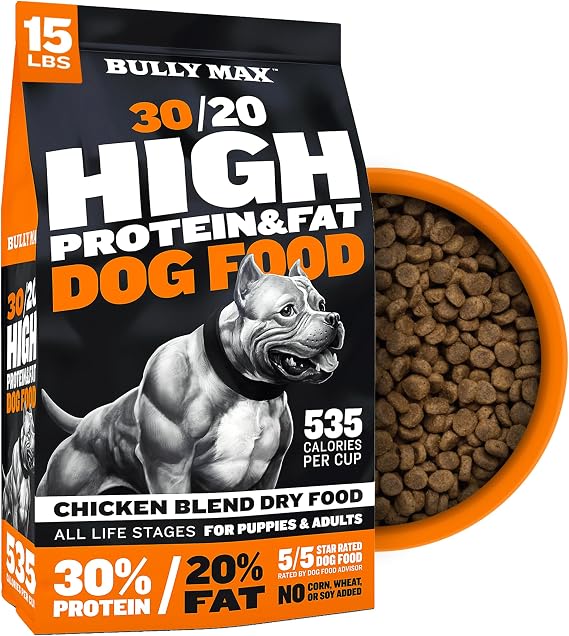 Bully Max Dry Dog Food for Adults & Puppies - High Protein & Fat for Muscle & Weight Gain - High Performance Dog Food Supplements - Small & Large Breed Dogs 535 Calories Per Cup, Chicken, 15lb Bag