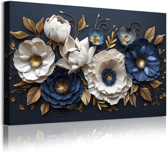 Tevenuktla Blue and White Flower Canvas Wall Art Blooming Flower Prints 3D Floral Canvas Wall Art for Living Room Blue White Gold Abstract Painting Beautiful Artwork 16x24inch No Frame