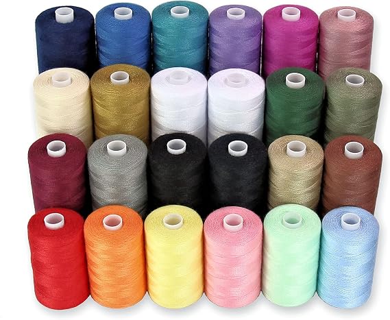 BlesSew Sewing Machine Thread – 24 Spools, 1000 Yards Each – All Purpose Polyester Thread Set, 22 Colours + Black & White – Thread for Sewing Machine, Ideal for Beginners, Quilting & Repairs