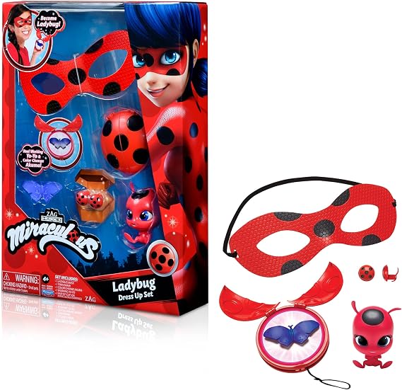 Miraculous girls female Ladybug Dress Up Set with Yoyo, Color Change Akuma, Tikki kwami, mask and Earrings by Playmates Toys For 4+ Years With Action Figure