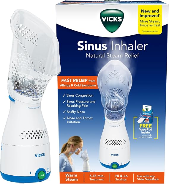 Vicks Sinus Inhaler for Sinus Relief, Works with VapoPads (1 Included) | Plug-in Non-Medicated Steam Inhaler for Allergies, Congestion & Colds, Vocal Steamer, Soothes Nasal & Throat Passages