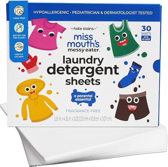 Miss Mouth's Laundry Detergent Sheets, Sensitive, Fragrance Free, 60 Loads | Hypoallergenic & Sensitive Skin Friendly, Pediatrician & Dermatologist Tested, Baby Detergent, Compact Travel Essentials