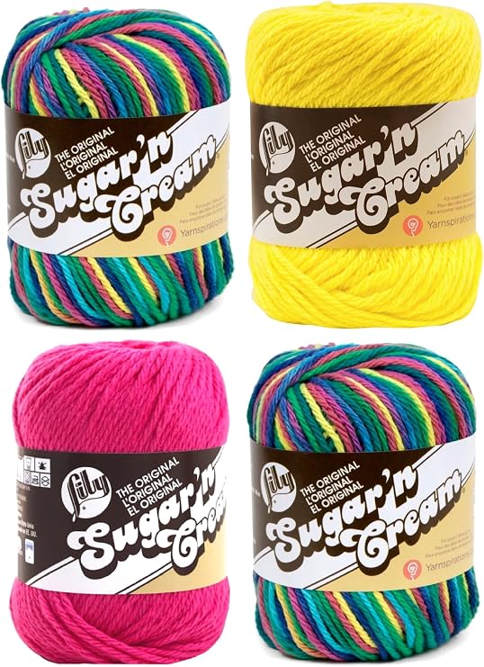 Bulk Buy: Lily Sugar 'n Cream Limited Edition 100% Cotton Yarn (Coordinated 4-Pack) (Psychedelic x 2, Hot Pink, Sunshine)