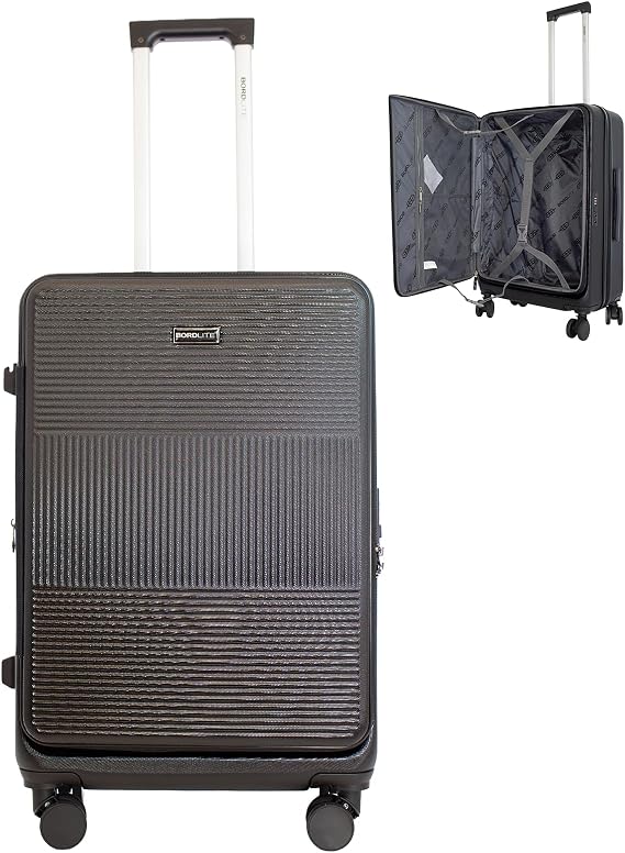 Bordlite 24" Medium Suitcase – ABS Hardshell Front Opening Lightweight Luggage, Expandable +4cm with 8X Spinner Wheels, Combo Lock, Telescopic Handle – Black