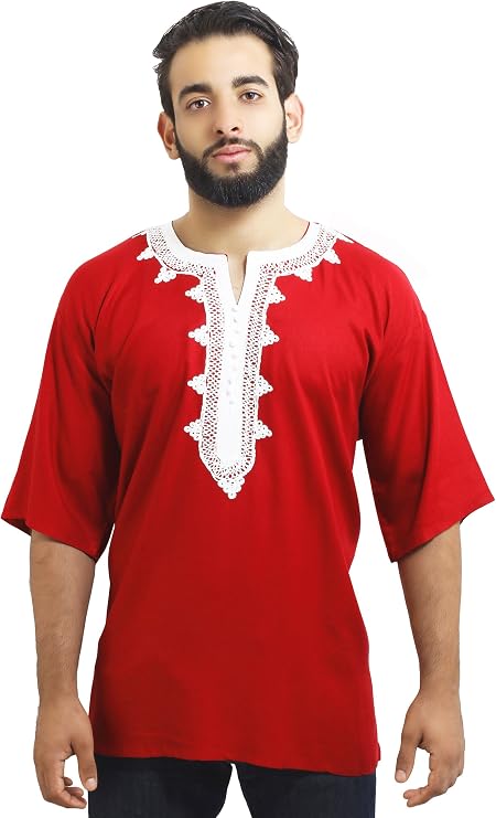 Moroccan Men Tunic Caftan Breathable Fiber Cotton Handmade Embroidery Ethnic