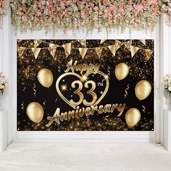 Happy 33rd Anniversary Backdrop Banner Decor Black Gold Glitter Love Heart Happy 33 Years Wedding Anniversary Party Theme Decorations for Women Men Supplies