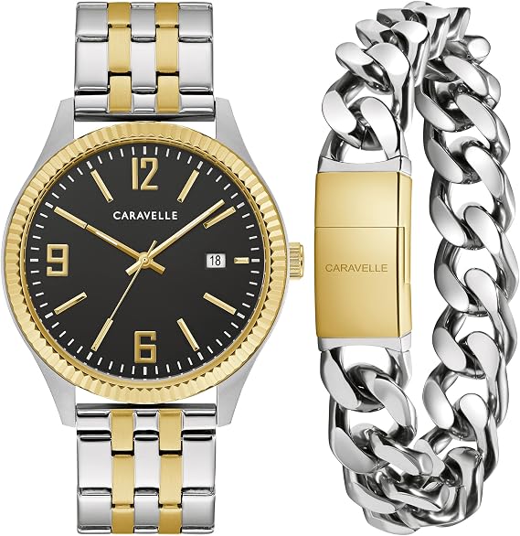 Caravelle Men's Classic Two-Tone Stainless Steel 3-Hand Date Watch and Bracelet Box Set, 41mm Style: 45K000