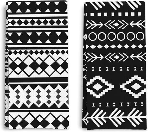 Black and White Tribal Aztec Kitchen Dish Towels Set of 2, Ethnic Boho Native American Decorative Hand Towels for Bathroom Kitchen Bath Gym Spa, Aztec Bathroom Decor, 16x24 Inch