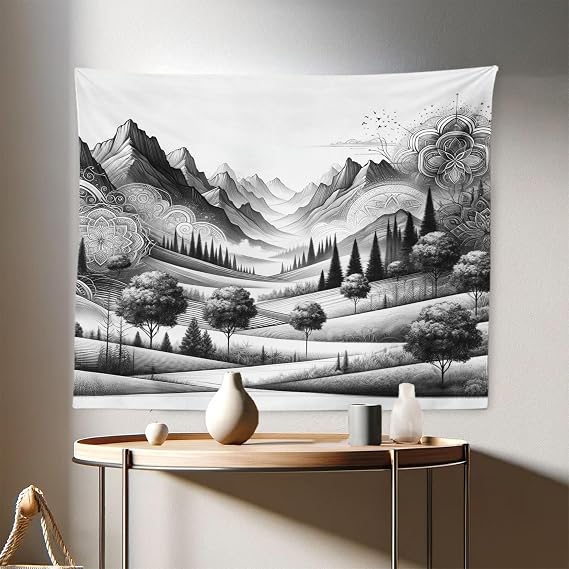 Ambesonne Mountain Tapestry, Monochrome Art Scenic Mounts with Wooded Lands Featuring Eastern Mandala, Fabric Wall Hanging Decor for Bedroom Living Room Dorm, 28" X 23", Pale Grey Dark Taupe