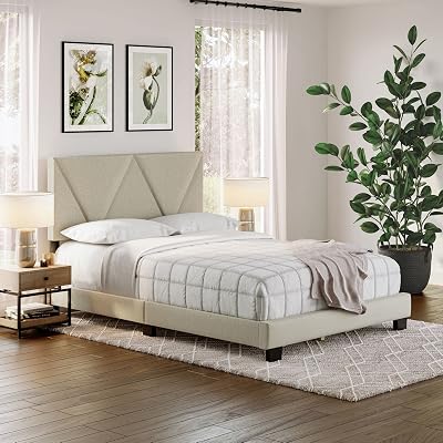 Boyd Sleep Calais Platform Bed Frame with Fabric Upholstered Adjustable Headboard and Wooden Slats Supports, Box Spring NOT Required: Linen, Beige, Queen