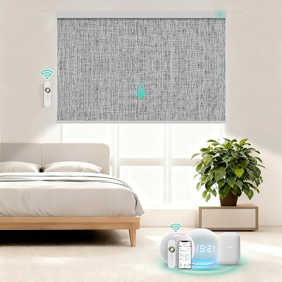 Motorized Blinds with Remote, 100% Blackout Smart Roller Shades, Electric Automatic Blinds for Windows, Compatible with Alexa Google and HomeKit, Customized Size, Linen Blue
