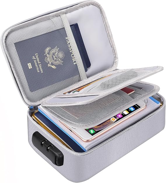 ENGPOW Small Fireproof Storage Organizer Case with Lock, 9x 5.3x 3.7 | Money Safe Wallet Carrying Bag with Multi-Pocket,Portable Home Travel for Cash,Card,Passport,Coin,Check,Bill,Soft Box,Silver