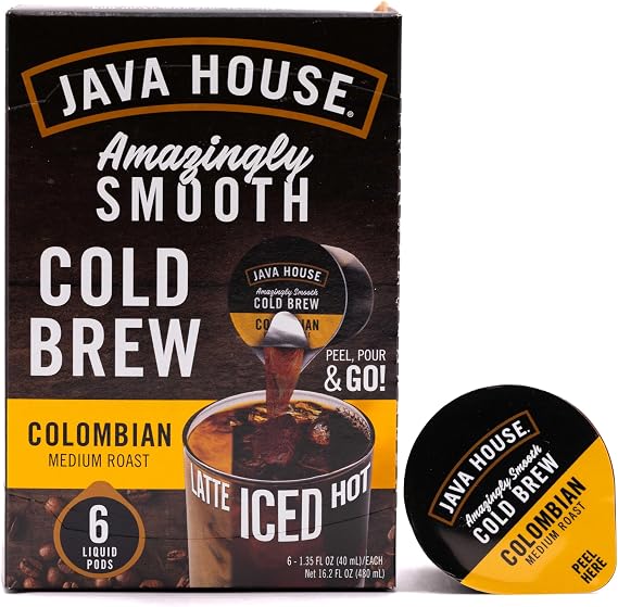 JAVA HOUSE Cold Brew Coffee, Colombian Medium Roast Coffee Concentrate Liquid Pods - 1.35 Fluid Ounces (6 Count) Enjoy Hot Or Iced