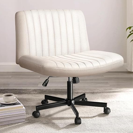 PUKAMI Criss Cross Chair,Comfy Cross Legged Office Desk Chair No Wheels,Modern Fabric Swivel Adjustable Height Mid Back Wide Seat for Home Office Computer (Beige with Wheels)