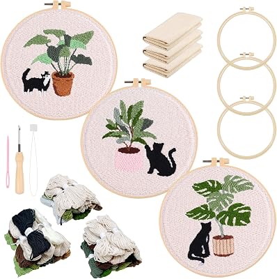 Allazone 3 Set Embroidery Starter Kits for Beginner, Cat Punch Needle Kit with Instruction, Plastic Hoop, Yarns and Embroidery Handle Needle Pen