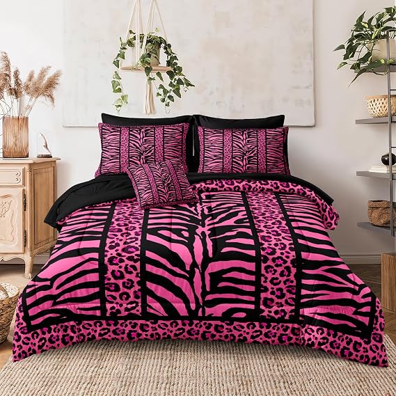 Bedorm Leopard Print Comforter Set Twin Black and Pink Bed in A Bag Pink Zebra Print Wild Animal Bedding 6 Pcs Set Super Soft Cozy Pink Black Animal Print Comforter with Sheet Set