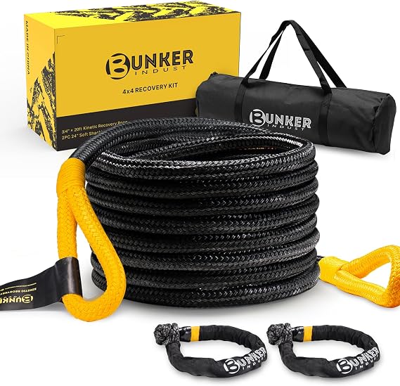 BUNKER INDUST 3/4in20ft Kinetic Recovery Rope with 2 Soft Shackles Kit, Kinetic Recovery Tow Rope Snatch Strap Off Road Recovery Kit for UTV, ATV, Truck, Car, Jeep, Tractor