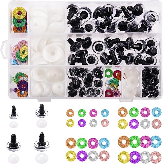 Wokape 192Pcs 4 Sizes 12mm 16mm 18mm 20mm 3D Flickering Glitter Half Round Safety Eyes with Washers and Glitter Discs for Plastic Doll Animal Crafts, Doll Making