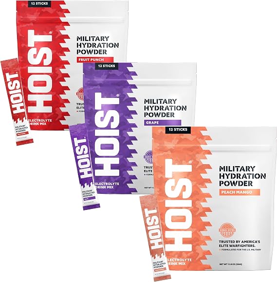 HOIST Premium Military Hydration Powder Sticks Grape + Peach Mango + Fruit Punch TriplePack (3 12Stick Packs) Rapid Hydration Electrolyte Formula