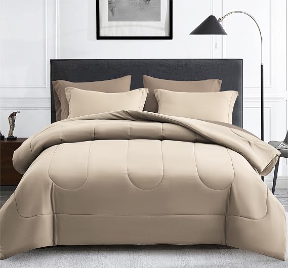 Maple&Stone Queen Comforter Set 7 Pieces Bed in a Bag Beige Bedding Set