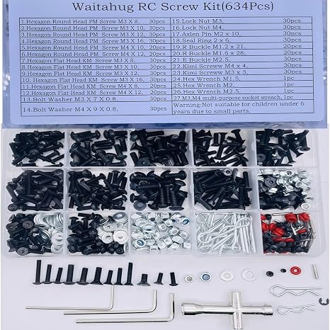 634pcs Universal RC Screw Assortment Kit-Fasteners for Traxxas, Axial, Redcat, HPI, Arrma, SCX10, Losi, Scale RC Trucks, Tracked Vehicles, Remote Control Cars, Repair Tools for Off-Road Vehicles