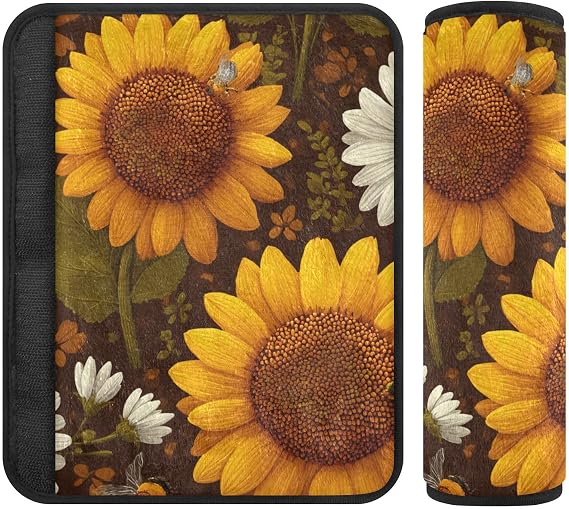 Brown Sunflowers and Bees Seat Belt Cover Pad 2 Pcs Soft Cute Seatbelt Covers Protector Support Head Neck Shoulder Strap for Car Seats High Chair Backpack for Adults Kids Women Men 10x7.7In 2 P