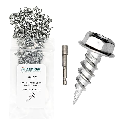 A-M Gutter Guard 1/2" #8 Stainless Steel Zip Screws, 100 Pack w/Hex Driver