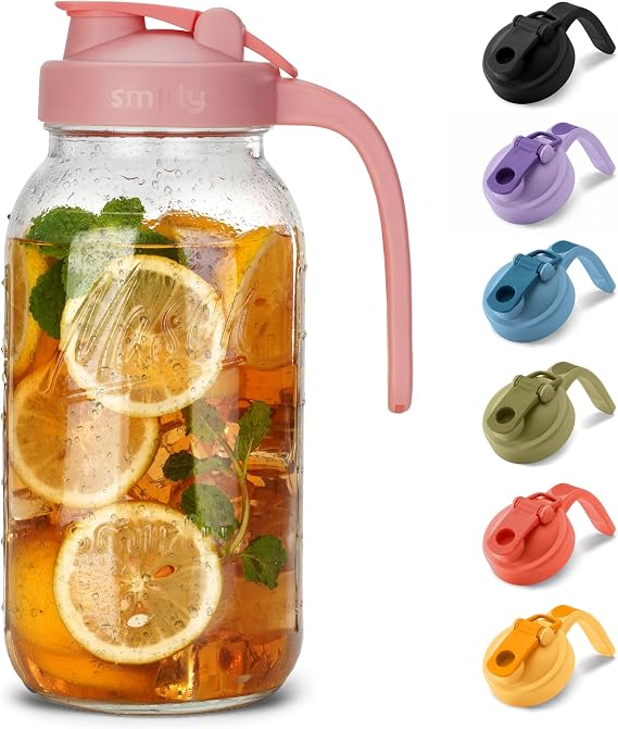SMIRLY 64 oz Mason Jar Pitcher,Glass Pitcher with Wide Mouth,Water Jug with Double Leak Proof Lid for Iced Coffee,Hot Water,Breast Milk