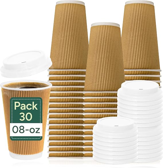 Zuvo Paper Coffee Cups with Lids 8oz, Disposable Ripple Brown, 30 Pack