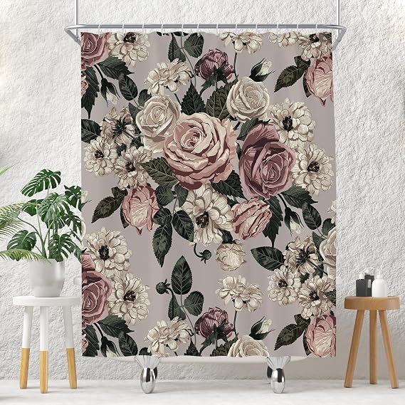 Vintage Floral Shower Curtain, 60 x 72 Inch, Polyester Fabric | Retro Bathroom Decor with 12 Hooks, Pink Beige Rose Pattern, Cute Design for Women, Boho Farmhouse Style with Antique Flower