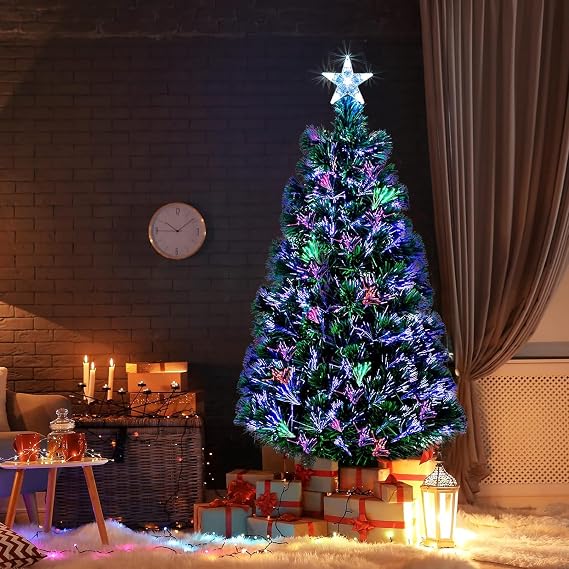 Green Christmas tree Fiber Optic tree Colour changing multicolour with stand free standing Artificial Xmas Tree with Star Topper Holiday Decoration for Home, Office & Parties