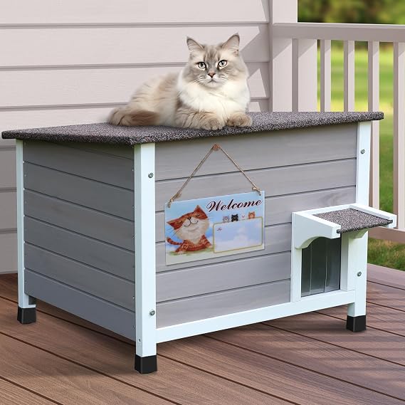 Rockever Outdoor Cat House Weatherproof, Insulated Cat Shelter for Feral Cats Small Pet Habitats, Wooden Air Ventilation Cat Hideaway for Indoor Outside Yard Garden Corridor Grey