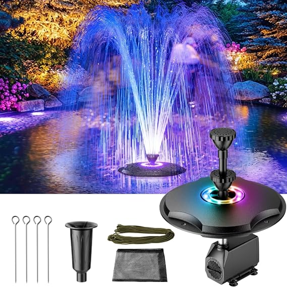 Anfraer Floating Pond Fountain with LED Lights, 660GPH RGB Floating Fountain with 3 Spray Modes, Pond Pump with 27FT Power Cord & 65.6FT Mooring Line for Pond Garden Fish Tank