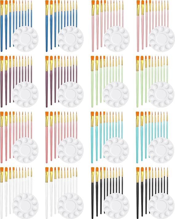 16 Sets Paint Brushes Pallete Set 176 Pieces Painting Supplies Kit Including 160 Pcs Colorful Acrylic Paint Brushes 16 Pcs Round Painting Palettes Tray for Adults Art Drawing Party