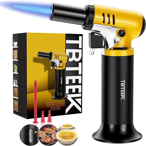 TBTeek Butane Torch with Fuel Gauge T907, One-hand Operation Kitchen Torch Lighter with Adjustable Flame for BBQ, Baking, Brulee Creme, Crafts and Soldering(Butane Gas Not Included) | Safety Stopper,2500F Adjustable Continuous Flame Mode,One-hand Operation, Easy to Light,Extended Nozzle(Butane Not Included)