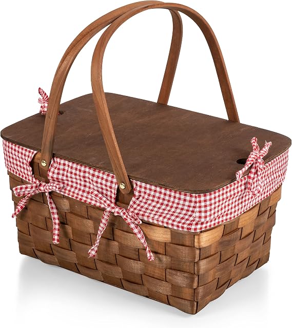 PICNIC TIME Kansas Handwoven Wood Picnic Basket, Sturdy Woven Wicker Basket with Tabletop Lid and Removable and Washable Polycotton Vintage-Style Liner, (Red & White Gingham Pattern)