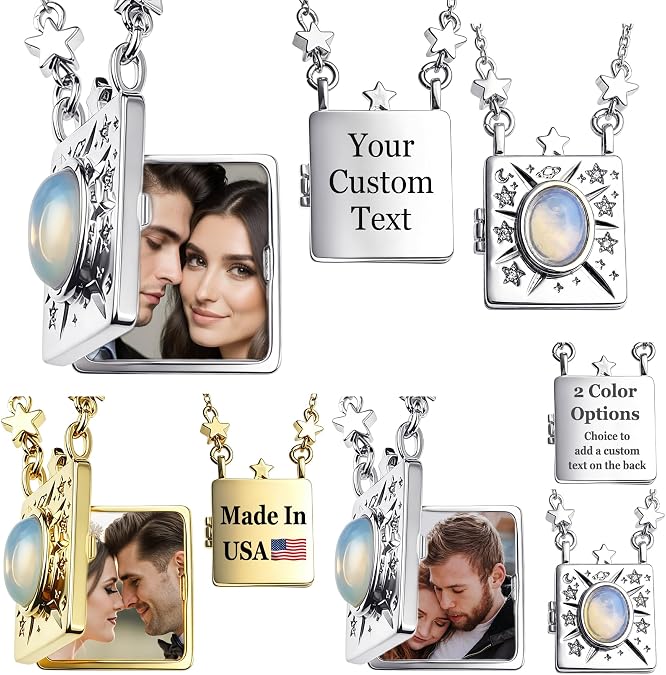 Personalized Color Print Photo Locket Custom Text Engraved Pendant Gold Tone Opal Star Moon Charm Necklace Gift