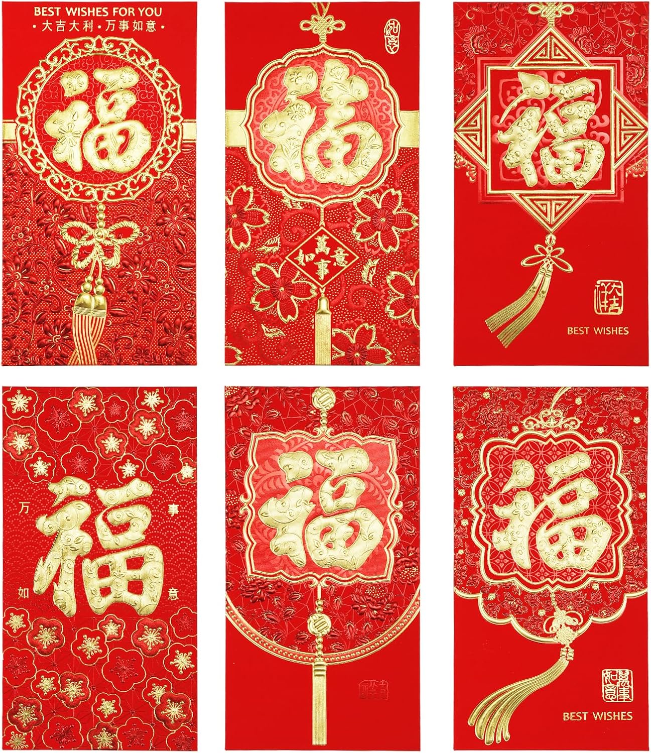 36pcs Chinese New Year Red Envelopes, 2024 New Year Hong Bao, 6 Styles Large Spring Festival Red Pocket Lucky Money Packets for Year of The Dragon, Weeding, Birthday, Christmas Style 1
