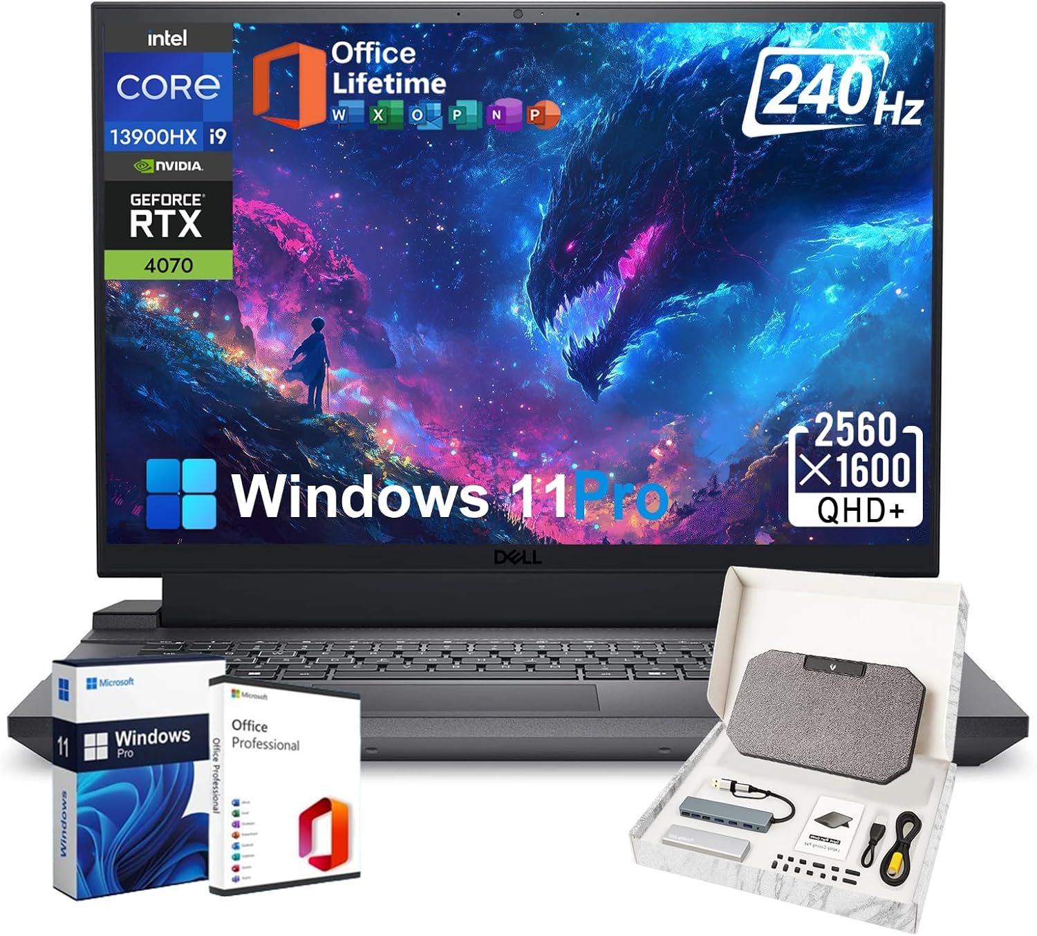 Dell G16 7630 Gaming Laptop - 16-inch QHD 240Hz Display, Intel Core i9-13900HX, 64GB DDR5 RAM, 1TB SSD, NVIDIA GeForce RTX 4070 8GB GDDR6, Backlit KB, Win 11 Pro, wOffice Lifetime & Accessoires