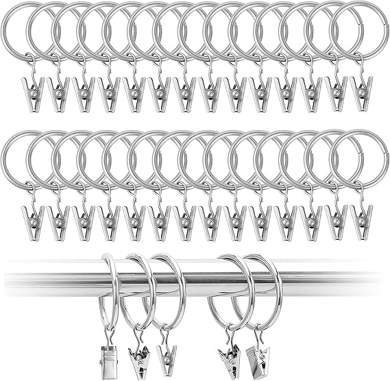 50PCS Curtain Rings, 25mm Curtain Rod Ring Clips with Hook