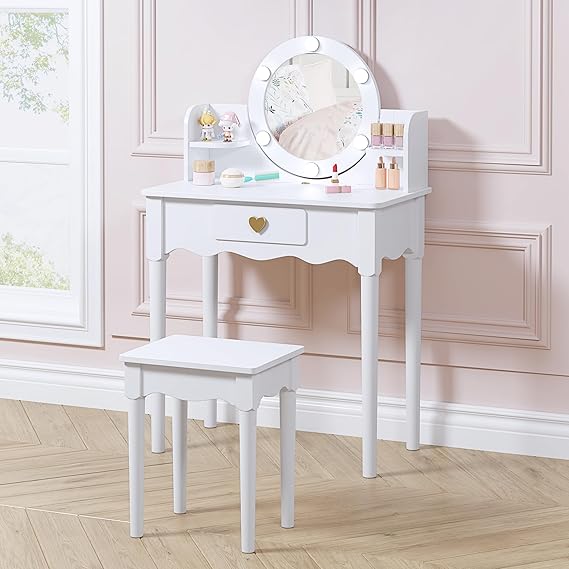 UTEX Kids Vanity Set with Light and Golden Heart Drawer for Little Girls