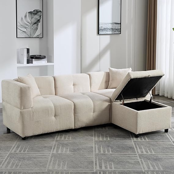 Fabric Corner Sofa with Storage Ottoman, 3-4 Seater Modular Sectional Sofa L-shaped Couch with 2 Pillows for Living Room Bedroom (Beige)