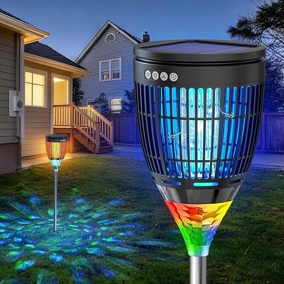 ソーラーバグザッパーアウトドア、炎ライト付き蚊取り装置、rgbプロジェクター。 | 4200v電気グリッド、ソーラー&usb充電、スマートオートモード、ip65防水モスキートザッパー、パティオ、庭、キャンプヤード用。
